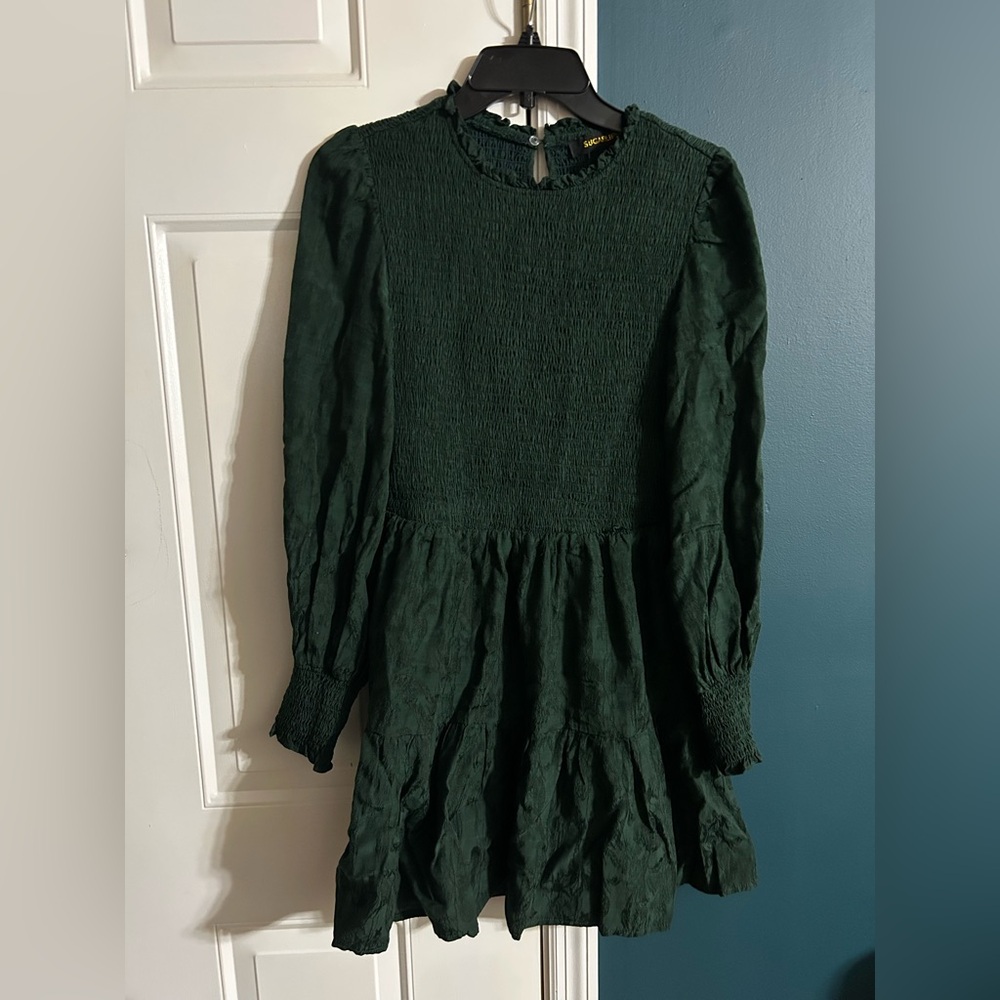 Dark Green Smocked Long Sleeve Dress Size Medium